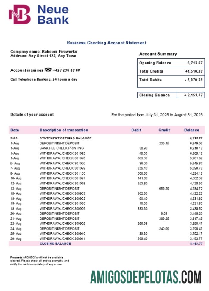 Imprimível Neue Bank AG Firm modelo de extrato de conta Word e PDF (1)